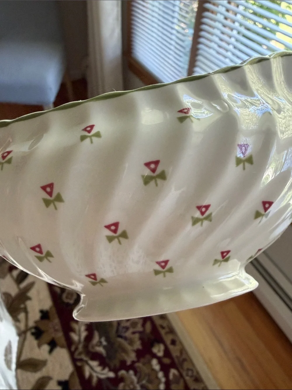 Laura Ashley thistle Gravy Boat with Green Rim Small Pink Floral Motif England